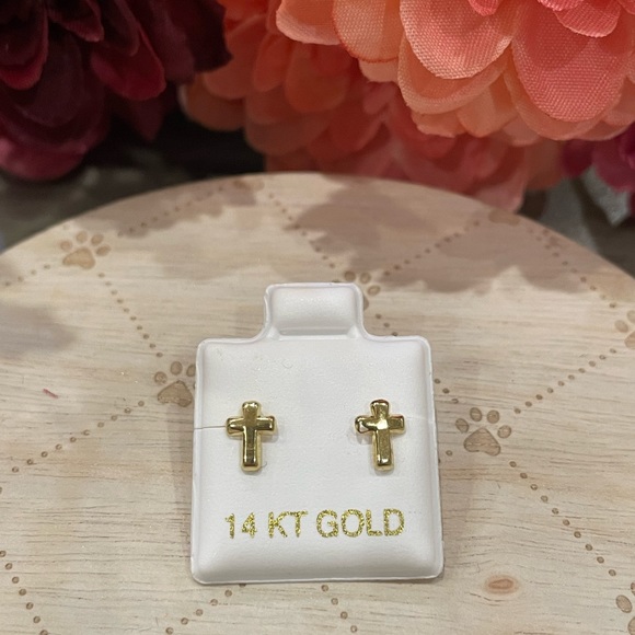 Real Solid 14K Yellow Gold Cross Screwback Earrings - Picture 2 of 5